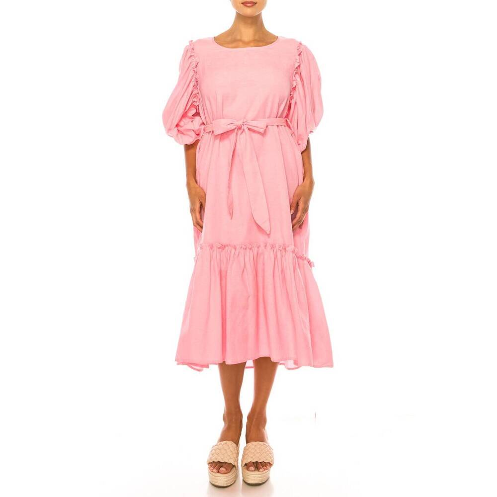 NEW VIVID short puff sleeve belted tiered skirt dress in pink